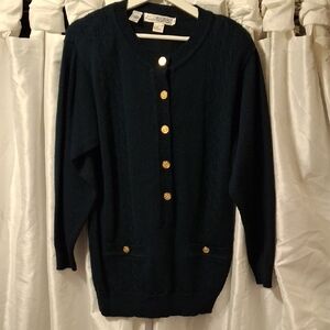 J H Collection Women's Dark Green  Sweater with Gold Accents Med 100% Wool